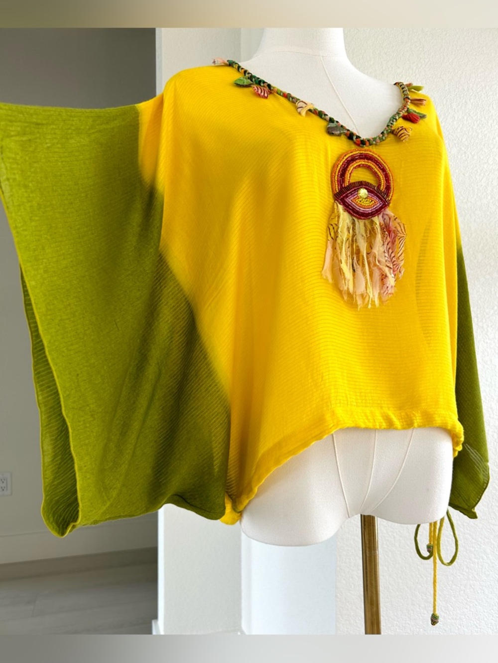 Paul Ropp Yellow Green Semi Sheer Beaded Silk Bat Angel Wing Top Womens One Size